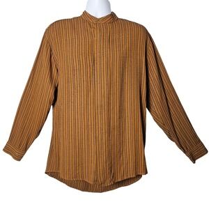 Varja Vintage Rayon Band‎ Collar Shirt M Mustard Brown Black Stripe Made USA 90s